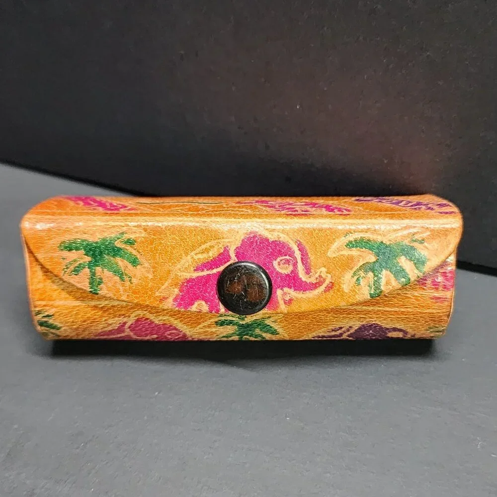 Vintage Leather Lipstick Tube Case Holder Elephant Giraffe Safari Print